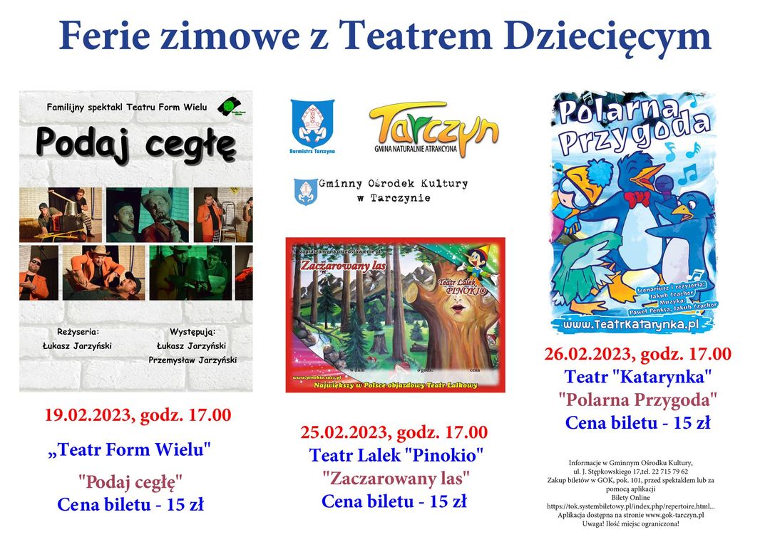 Baner zawierający harmonogram przedstawień teatralnych - ferie 2023