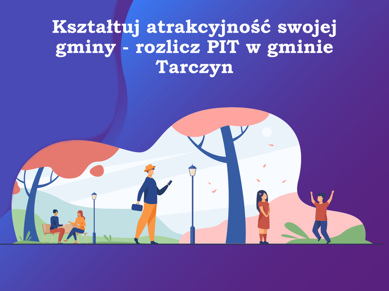 Baner przedstawiający ludzi w parku, tło w kolorze niebieskim