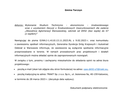 Pismo informujące o możliwości składania uwag OAW