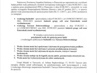 Komunikat w sprawie jakości wody