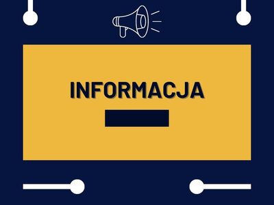 granatowy prostokątny baner z prostokątem na środku w kolorze żółtym, na którym widnieje napis informacja