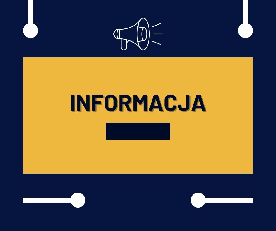 granatowy prostokątny baner z prostokątem na środku w kolorze żółtym, na którym widnieje napis informacja 
