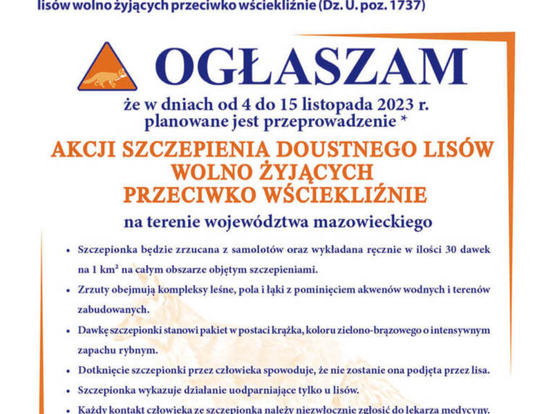 Plakat promujący akcję szczepienia lisów na Mazowszu