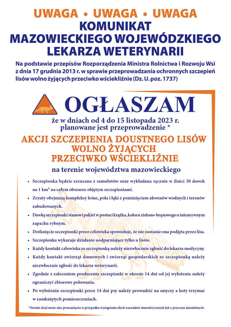 Plakat promujący akcję szczepienia lisów na Mazowszu