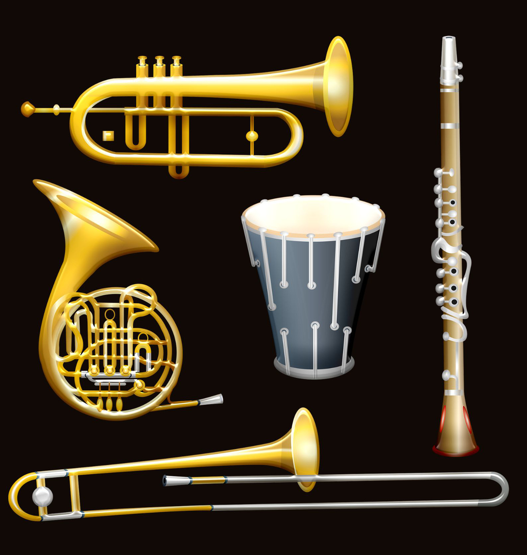 Zdjęcie przedstawia instrumenty dęte na czarnym tle