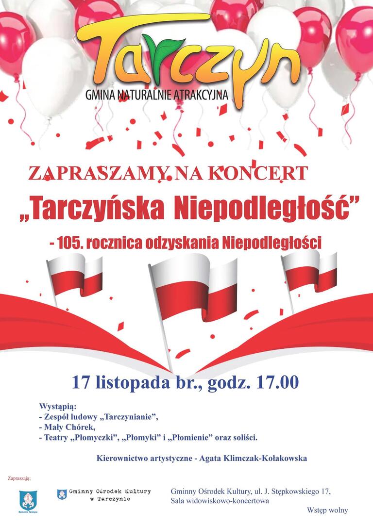 Plakat zaproszenie na koncert Tarczyńska Niepodległość
