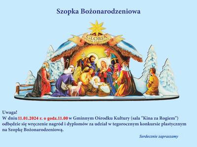 Plakat przedstawia szopkę bożonarodzeniową