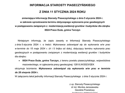 informacja rozpoczęcie prac - sprostowanie terminu zakończenia