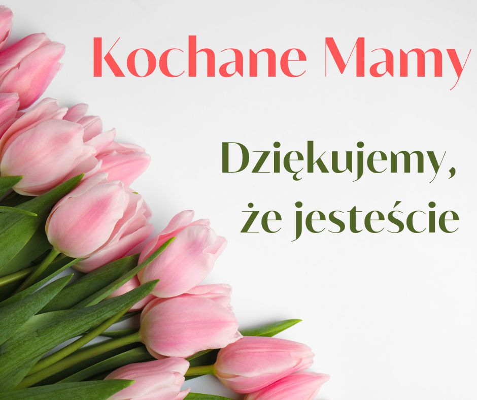 zdjęcie przedstawia różowe tulipany oraz tekst: kochane mamy, dziękujemy że jesteście