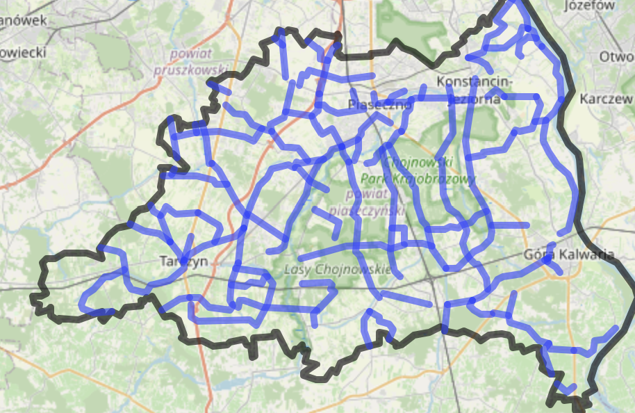 Zdjęcie przedstawia mapę z zaznaczeniami dróg