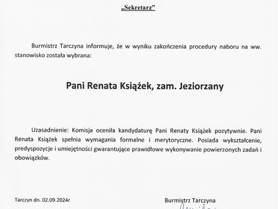 Wyniki naboru na stanowisko sekretarza