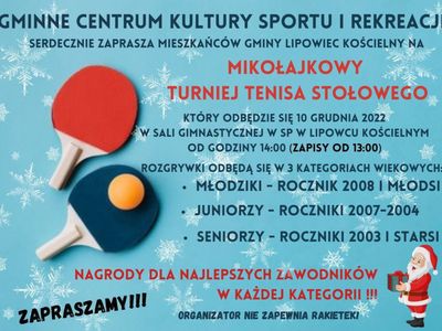 ZAPROSZENIE na Mikołajkowy Turniej Tenisa Stołowego