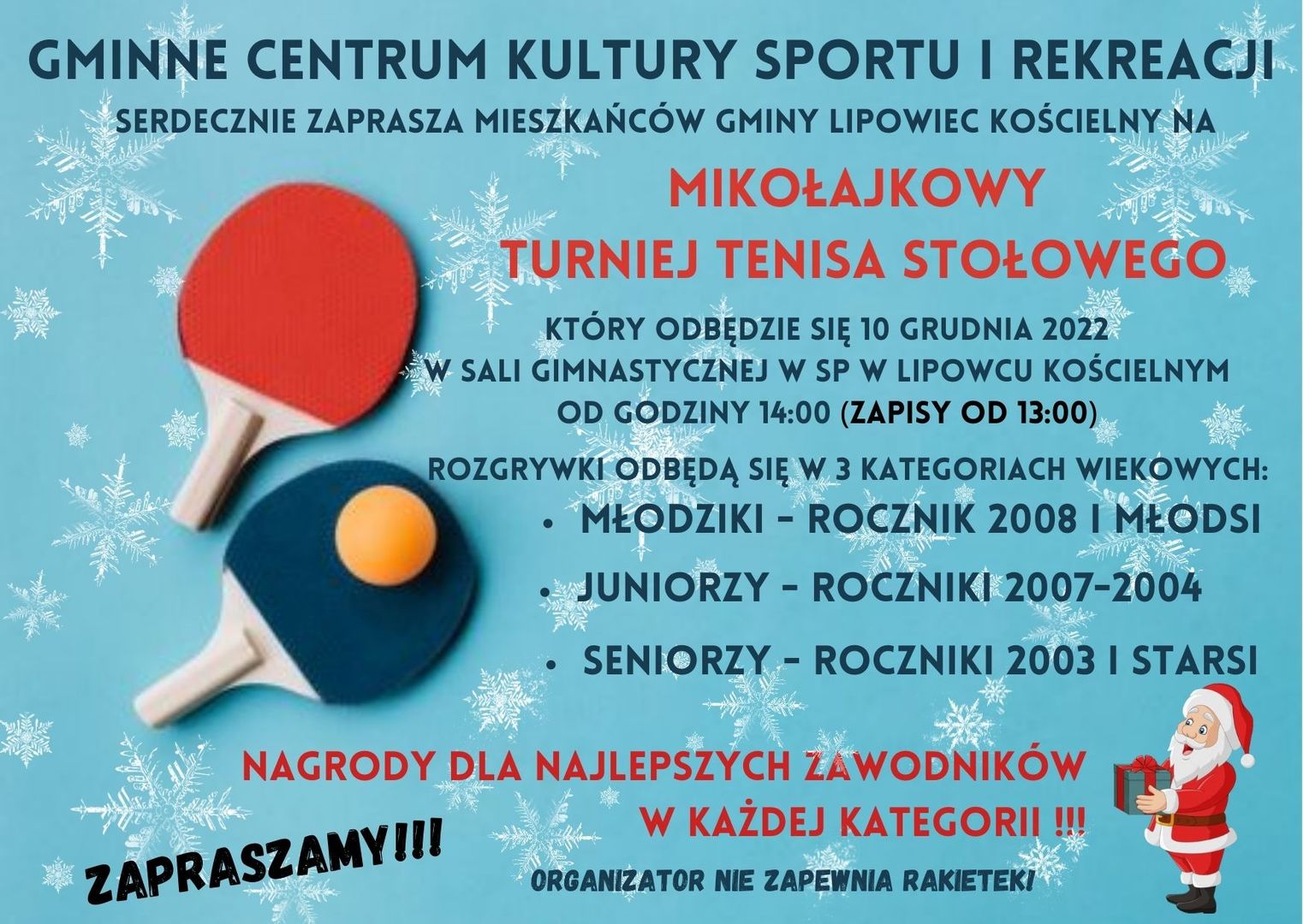ZAPROSZENIE na Mikołajkowy Turniej Tenisa Stołowego