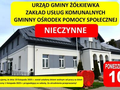 plakat informujący o tym że urząd gminy żółkiewka jest zamkinięty w poniedziałek 10 listopada