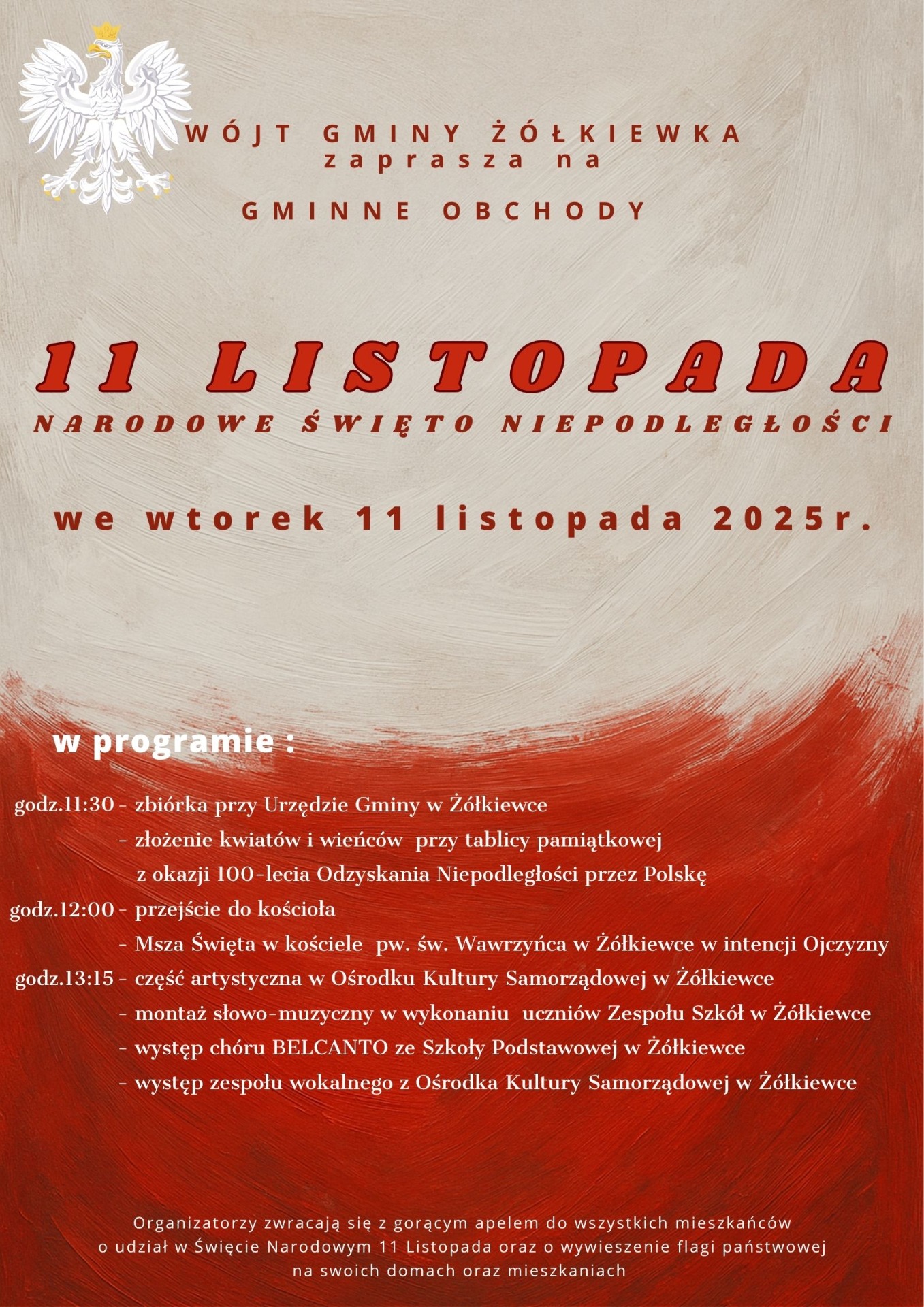 Plakat odnośnie gminnych obchodów odzyskania niepodległości - wtorek 11 listopada 2025 r. o godz. 11:30 w Żółkiewce