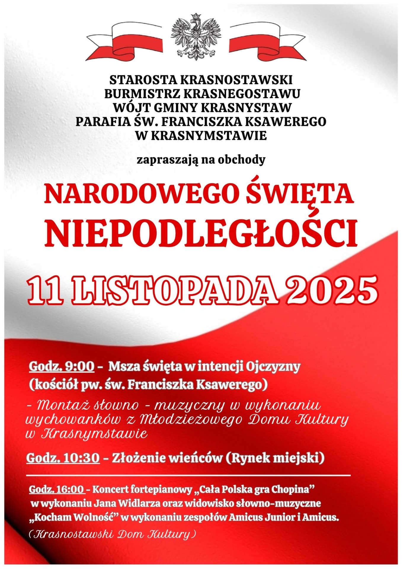 Powiatowe obchody Narodowego Święta Niepodległości 11 listopada 2025 r. w Krasnymstawie.