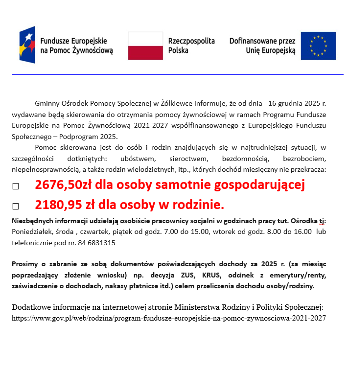 skierowania do otrzymania pomocy żywnościowej w ramach Programu Fundusze Europejskie na Pomoc Żywnościową 2021-2027 współfinansowanego z Europejskiego Funduszu Społecznego – Podprogram 2025.