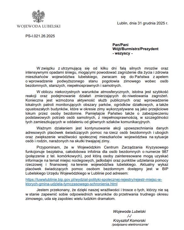 Apel Wojewody lubelskiego o wprowadzenie podwyższonego stanu pogotowia zimowego w związku z mrozami i śniegiem,
