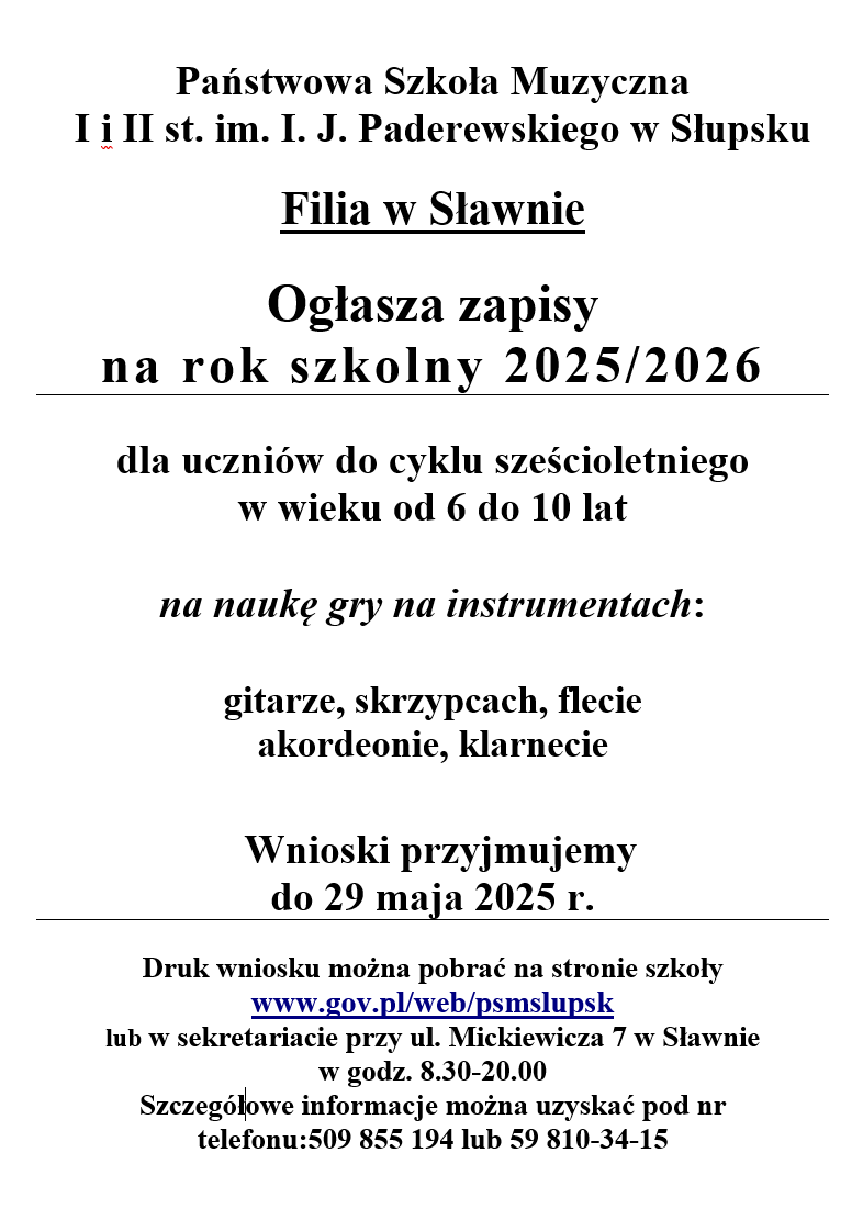 Zapisy do Państwowej Szkoły Muzycznej w Sławnie na rok szkolny 2025/2026 rozpoczęte.