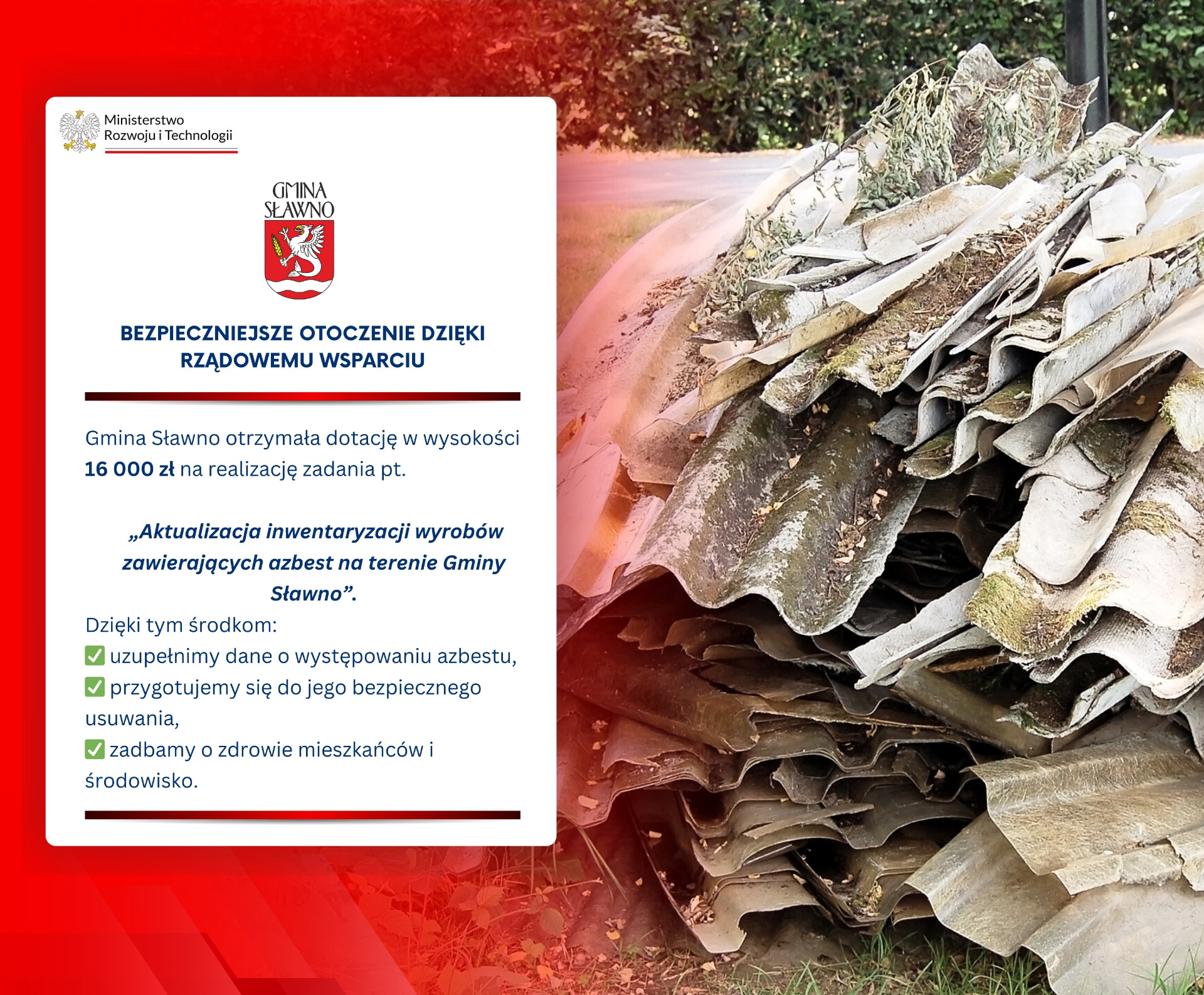Gmina Sławno walczy z azbestem – pozyskaliśmy 16 000 zł dotacji!