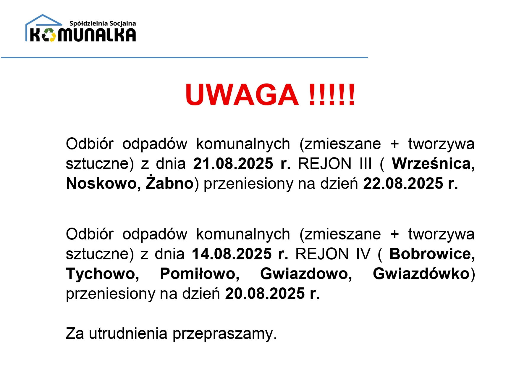 Poniżej znajdują się dwie grafiki przedstawiające zmieniony harmonogram odbioru odpadów komunalnych.