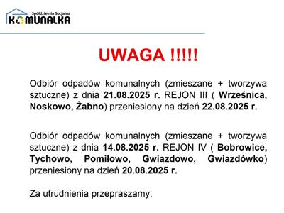 Poniżej znajdują się dwie grafiki przedstawiające zmieniony harmonogram odbioru odpadów komunalnych.