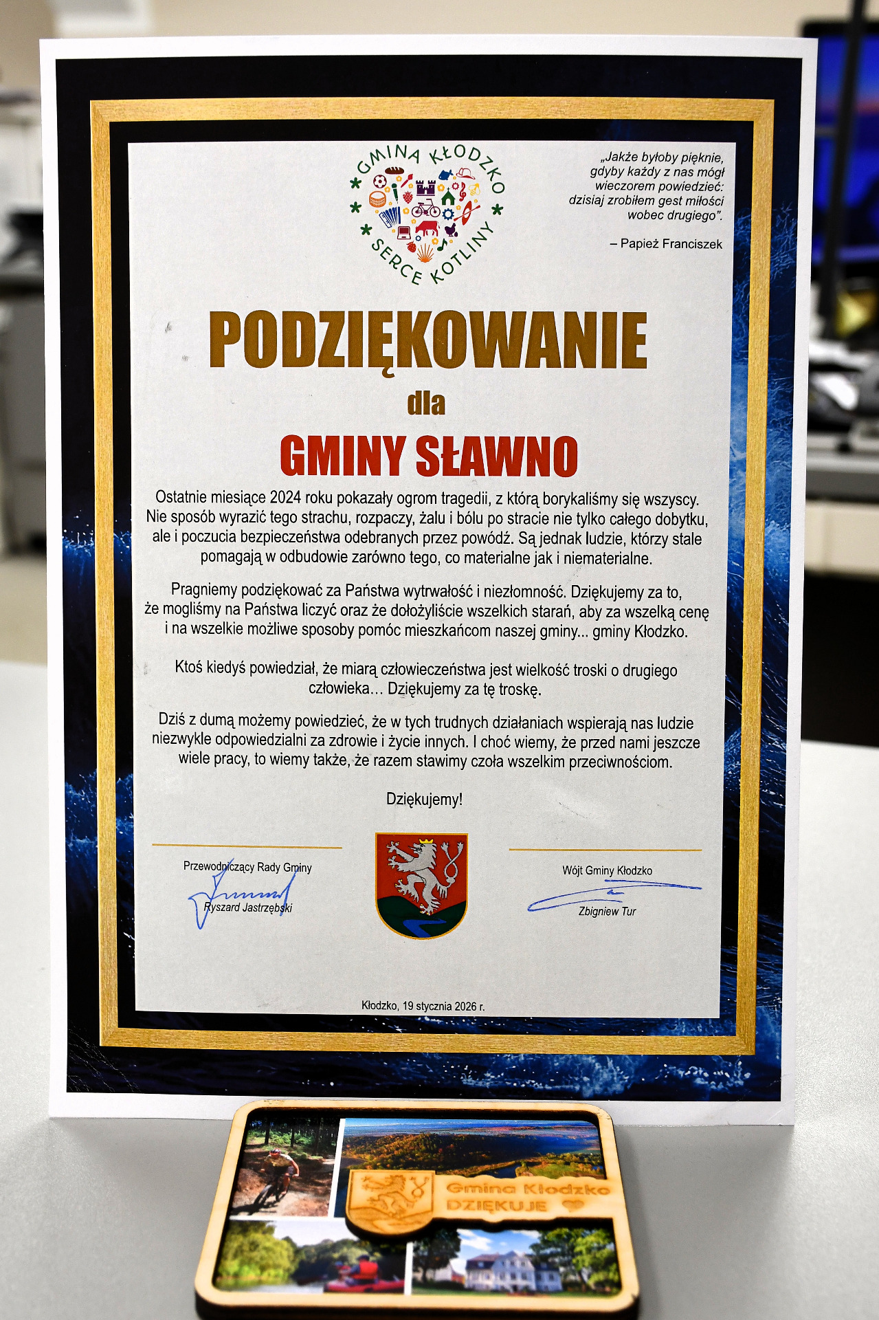  Podziękowania dla Gminy Sławno za pomoc  okazaną Gminie Kłodzko