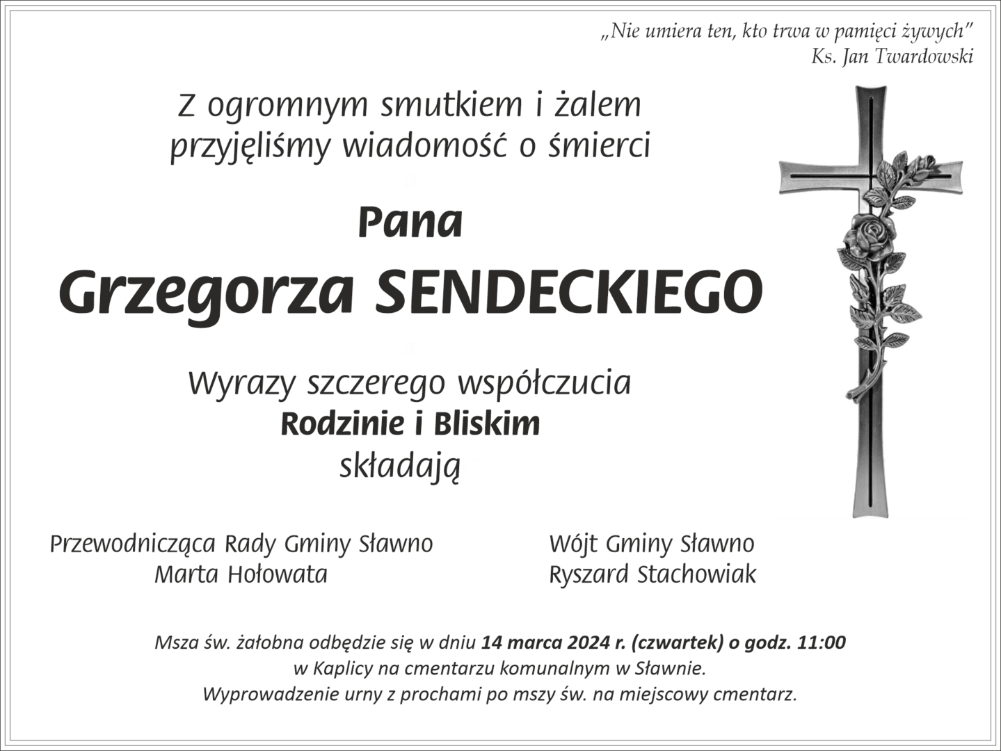 Kondolencje - śp. Grzegorz Sendecki