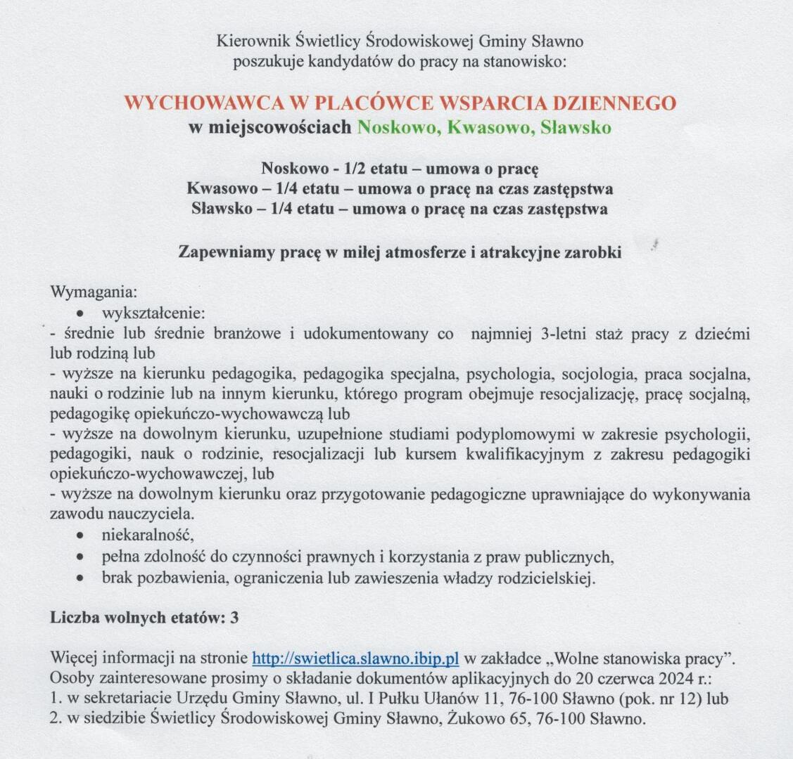 Ogłoszenie o pracy w świetlicach