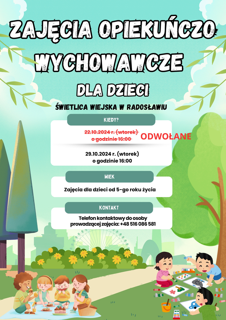 
Najbliższe zajęcia opiekuńczo-wychowawcze dla dzieci w Radosławiu odwołane
