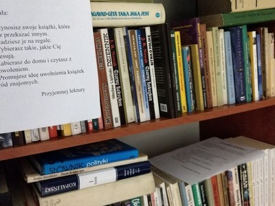 widok książek  na półce w Bibliotece