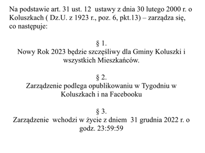 ZARZĄDZENIE
BURMISTRZA KOLUSZEK
z dnia 31 grudnia 2022 r.
