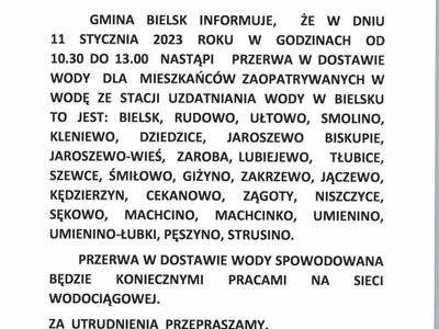 komunikat o przerwie w dostawie wody