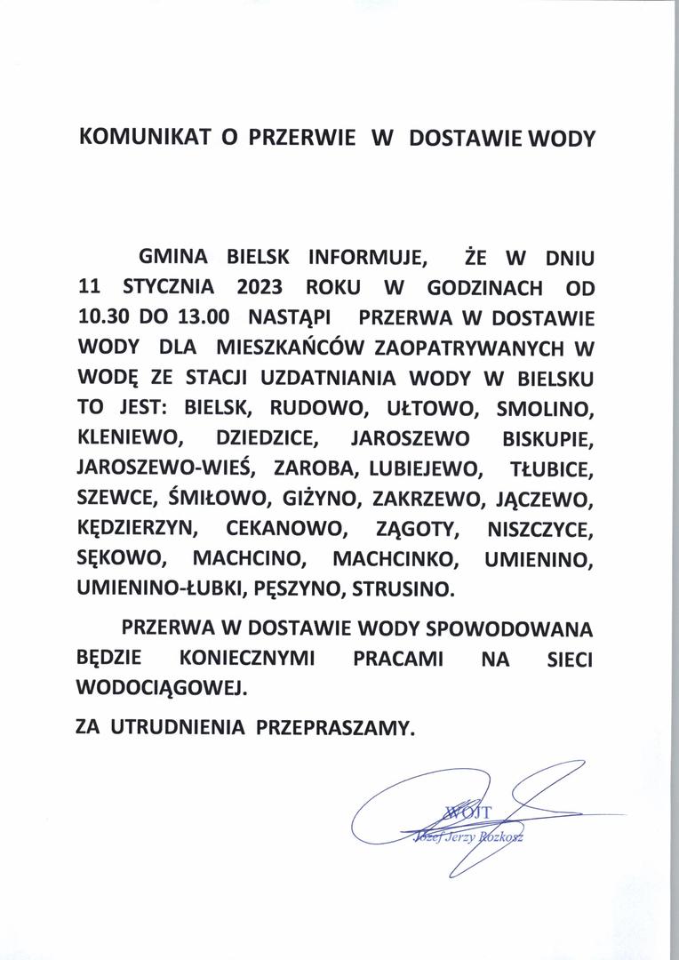 komunikat o przerwie w dostawie wody