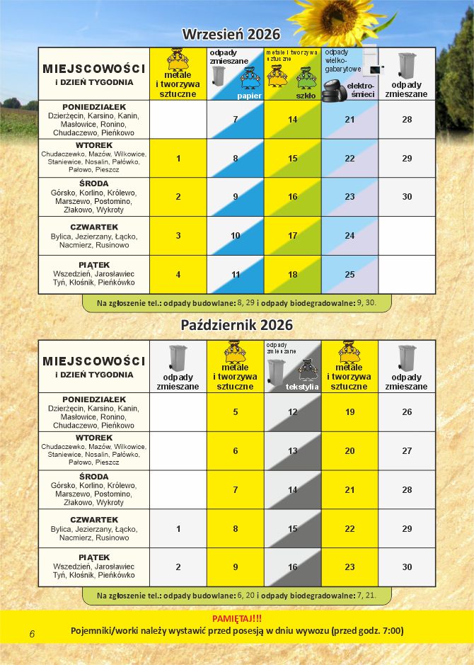 Harmonogram wrzesień Październik