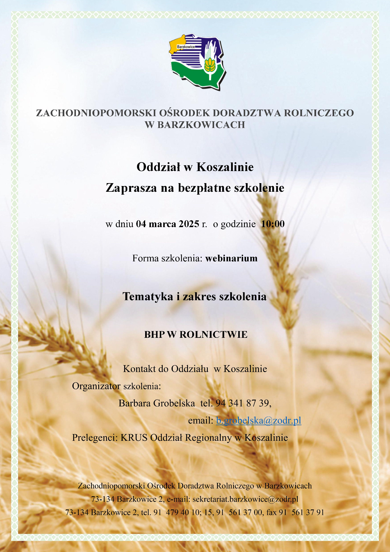 Plakat szkolenie dla rolników