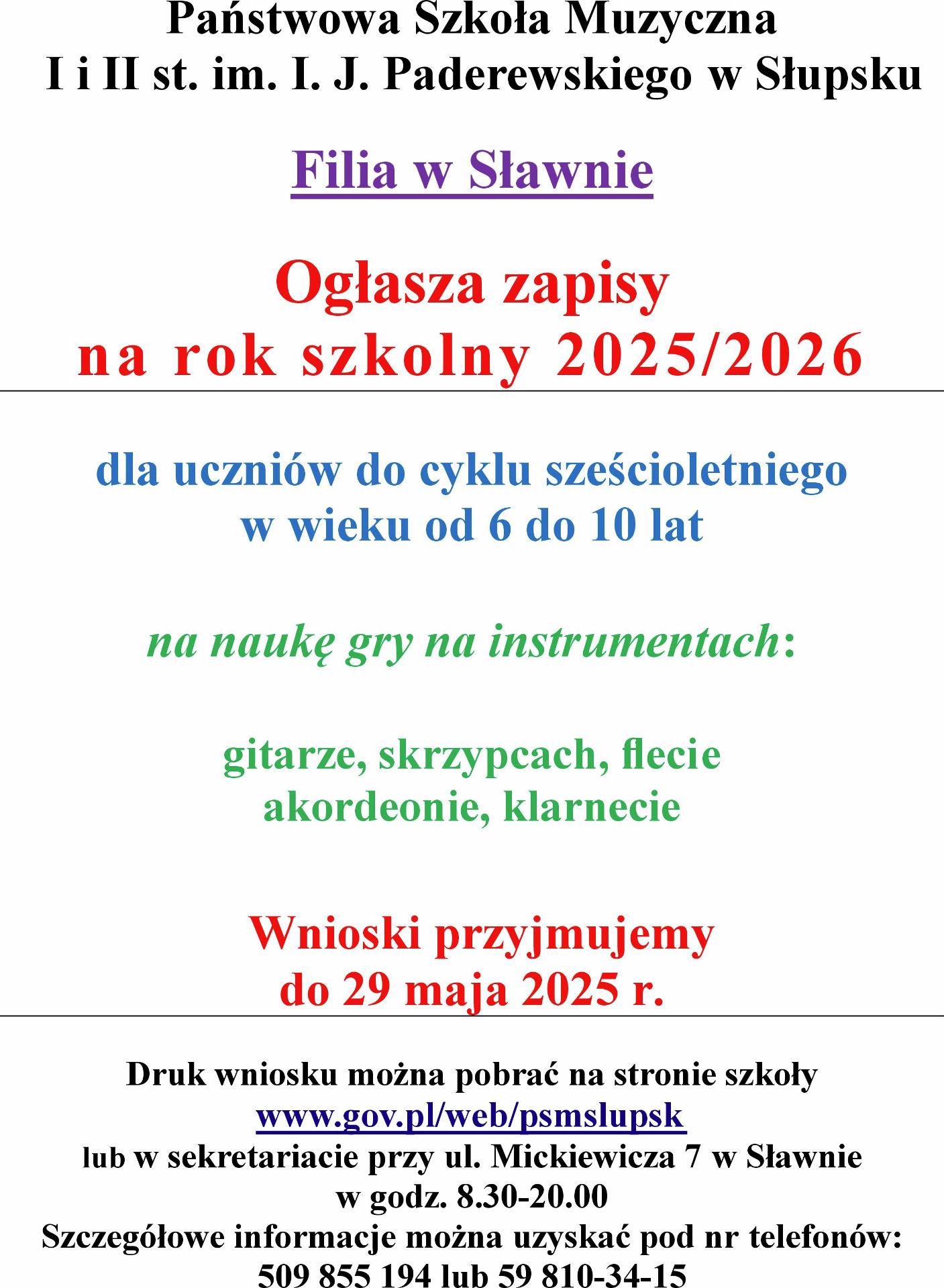 plakat rekrutacja szkoła muzyczna