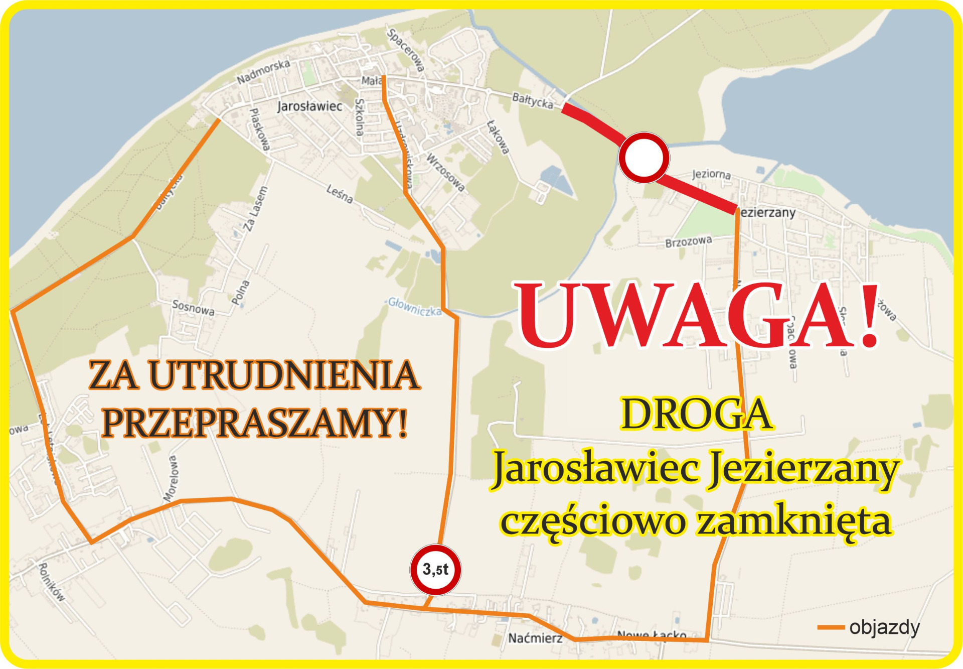 Mapa informująca o zamknięciu drogi