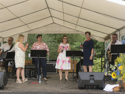 Dożynki na placu przy kościele parafialnym w Jastkowicach  - występ zespołu "Sami sobie"