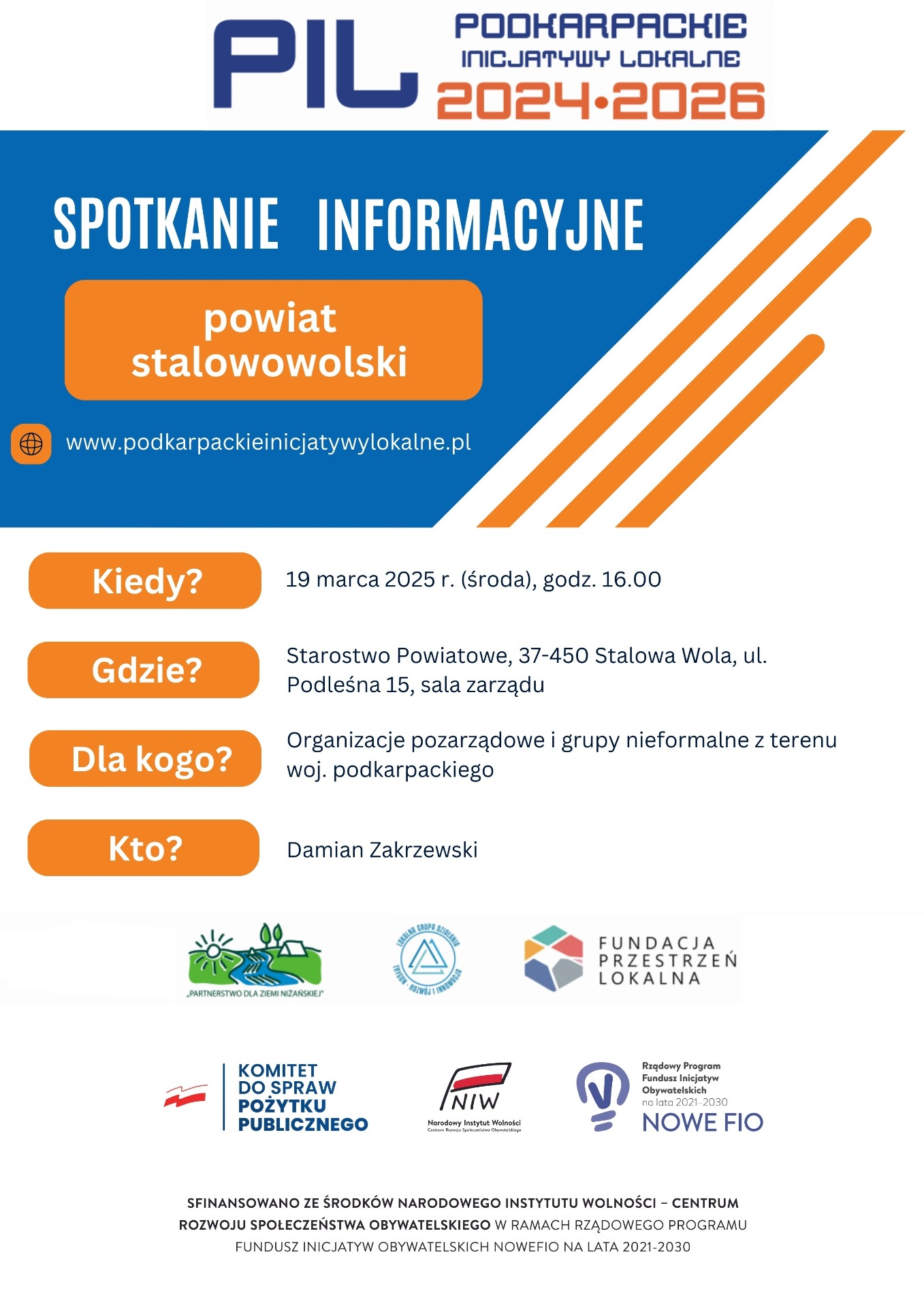 Plakat z zaproszeniem na spotkanie informacyjne w tematyce podkarpackich inicjatyw lokalnych