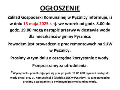 Ogłoszenie o przerwach w dostawie wody