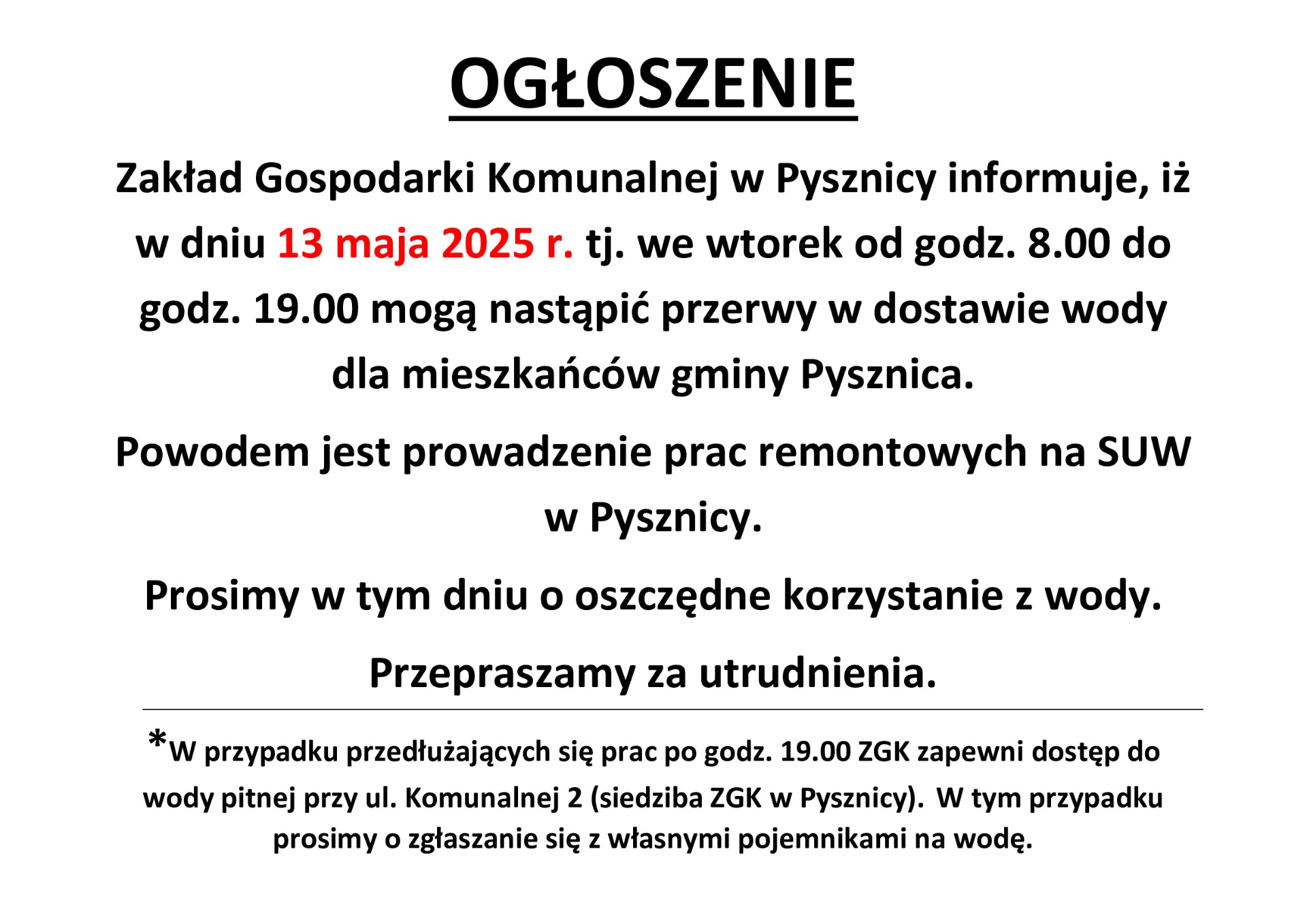 Ogłoszenie o przerwach w dostawie wody 