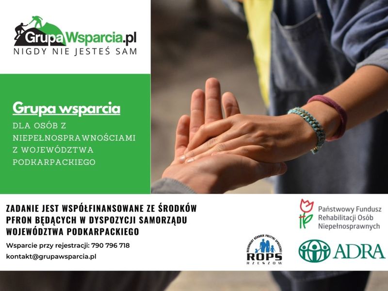 Plakat informujący o programie bezpłatnej pomocy psychologiczno-prawnej dla osób niepełnosprawnych z województwa podkarpackiego.