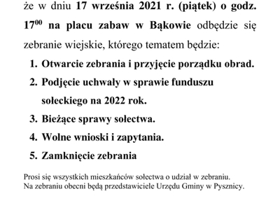 Zawiadomienie o spotkaniu wiejskim w Bąkowie