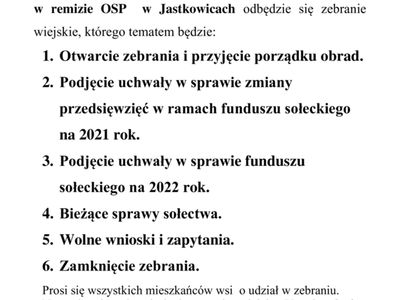 Zawiadomienie o spotkaniu wiejskim w Jastkowicach