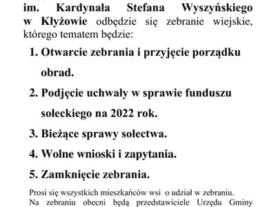 Zawiadomienie o spotkaniu wiejskim w Kłyżowie