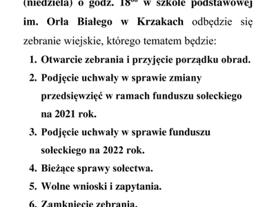 Zawiadomienie o spotkaniu wiejskim w Krzakach