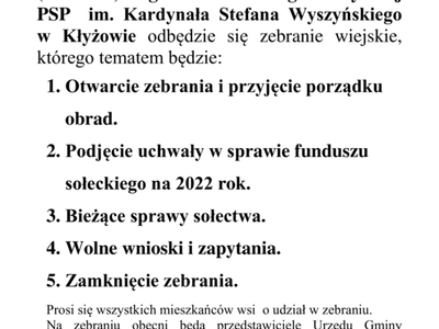 Zawiadomienie o spotkaniu wiejskim w Olszowcu