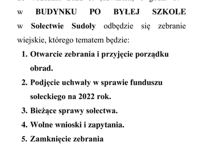 Zawiadomienie o spotkaniu wiejskim w Sudołach