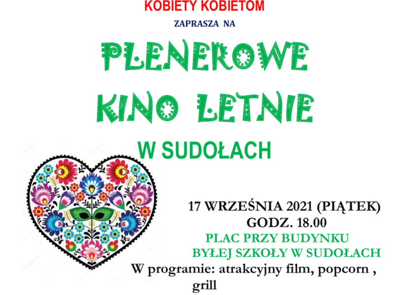 Plakat plenerowego kina letniego organizowanego przez KGW Kobiety Kobietom w Sudołach